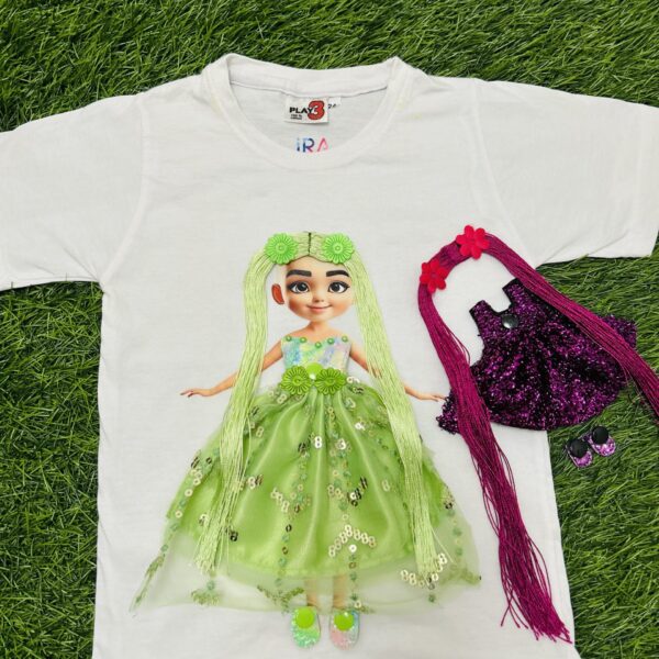 Magical Doll Fashion T-Shirt Set –  Green &  Dark Pink Combo